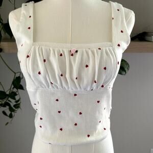 White Ribbed Heart Print Tank Top Sz S Y2K Cottagecore Coquette Soft Girl